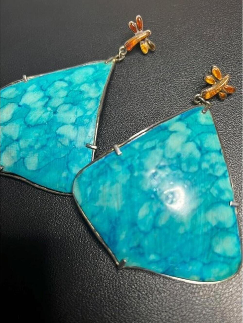 B5125 Dragonfly Dangle Earrings Sterling Silver *unmarked blue shell Amber 4" - Picture 2 of 2